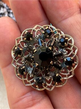 Vintage Silver Tone Czechoslovakia Ornate Black Crystal Filigree Brooch